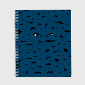 Тетрадь с принтом Fish в Кировске, 100% бумага | 48 листов, плотность листов — 60 г/м2, плотность картонной обложки — 250 г/м2. Листы скреплены сбоку удобной пружинной спиралью. Уголки страниц и обложки скругленные. Цвет линий — светло-серый
 | Тематика изображения на принте: dolphin | fish | killer whale | see life | shark | акула | дельфин | касатка | морские обитатели | рыба