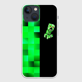 Чехол для iPhone 13 mini с принтом MINECRAFT CREEPER в Кировске,  |  | blox | creeper | dungeons | game | geometry | green | neon | pixel | steve | алекс | детям | зелень | игра | кислотный | крипер | куб | логотипы игр | майнкрафт | мальчикам | мобы | неоновый | пиксель | пиксельный | подземелья