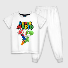 Детская пижама хлопок с принтом Super Mario в Кировске, 100% хлопок |  брюки и футболка прямого кроя, без карманов, на брюках мягкая резинка на поясе и по низу штанин
 | game | mario kart live home circuit | super mario | super mario 3d world | super mario 64 | super mario galaxy | super mario sunshine | гумба | игра super mario | игра марио | йоши | купалинги | лакиту | луиджи | марио | надпись | нинтендо | 