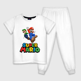 Детская пижама хлопок с принтом Super Mario в Кировске, 100% хлопок |  брюки и футболка прямого кроя, без карманов, на брюках мягкая резинка на поясе и по низу штанин
 | Тематика изображения на принте: game | mario kart live home circuit | super mario | super mario 3d world | super mario 64 | super mario galaxy | super mario sunshine | гумба | игра super mario | игра марио | йоши | купалинги | лакиту | луиджи | марио | надпись | нинтендо | 