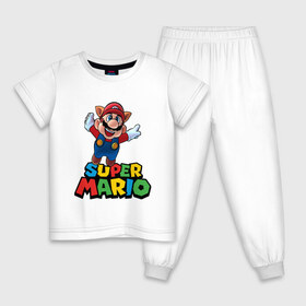 Детская пижама хлопок с принтом Super Mario в Кировске, 100% хлопок |  брюки и футболка прямого кроя, без карманов, на брюках мягкая резинка на поясе и по низу штанин
 | game | mario kart live home circuit | super mario | super mario 3d world | super mario 64 | super mario galaxy | super mario sunshine | гумба | игра super mario | игра марио | йоши | купалинги | лакиту | луиджи | марио | надпись | нинтендо | 