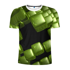 Мужская футболка 3D спортивная с принтом зеленый куб в Кировске, 100% полиэстер с улучшенными характеристиками | приталенный силуэт, круглая горловина, широкие плечи, сужается к линии бедра | 3d | абстракция | зеленый | илюзия | квадрат | куб