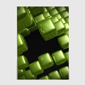 Постер с принтом зеленый куб в Кировске, 100% бумага
 | бумага, плотность 150 мг. Матовая, но за счет высокого коэффициента гладкости имеет небольшой блеск и дает на свету блики, но в отличии от глянцевой бумаги не покрыта лаком | 3d | абстракция | зеленый | илюзия | квадрат | куб