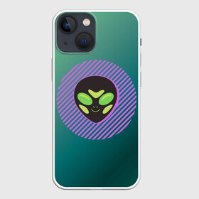 Чехол для iPhone 13 mini с принтом Инопланетяша на зеленом фоне в Кировске,  |  | градиент | зеленый | инопланетянин | круг | лицо | наука | нло | подарок | полоски | пришелец | улыбка | фантастика | фиолетовый