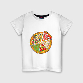 Детская футболка хлопок с принтом Пицца ассорти в Кировске, 100% хлопок | круглый вырез горловины, полуприлегающий силуэт, длина до линии бедер | грибы | колбаса | креветки | кусочки пиццы | оливки | пицца | пиццерия | помидоры