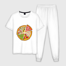Мужская пижама хлопок с принтом Пицца ассорти в Кировске, 100% хлопок | брюки и футболка прямого кроя, без карманов, на брюках мягкая резинка на поясе и по низу штанин
 | Тематика изображения на принте: грибы | колбаса | креветки | кусочки пиццы | оливки | пицца | пиццерия | помидоры