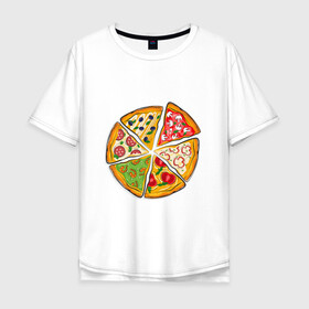 Мужская футболка хлопок Oversize с принтом Пицца ассорти в Кировске, 100% хлопок | свободный крой, круглый ворот, “спинка” длиннее передней части | грибы | колбаса | креветки | кусочки пиццы | оливки | пицца | пиццерия | помидоры