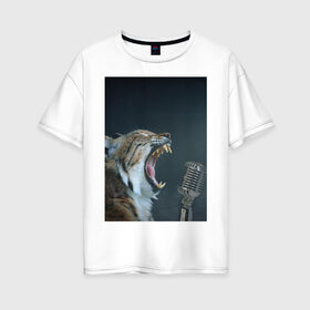Женская футболка хлопок Oversize с принтом рысь в Кировске, 100% хлопок | свободный крой, круглый ворот, спущенный рукав, длина до линии бедер
 | животные | микрофон | пение | рык | рысь | ситуация