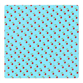 Магнитный плакат 3Х3 с принтом Узор с вишни на голубом фоне в Кировске, Полимерный материал с магнитным слоем | 9 деталей размером 9*9 см | вишенки | вишни | декор | лето | плоды | узор | фрукты | черешни | ягоды