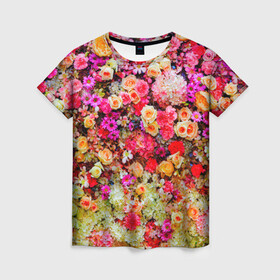 Женская футболка 3D с принтом Цветы в Кировске, 100% полиэфир ( синтетическое хлопкоподобное полотно) | прямой крой, круглый вырез горловины, длина до линии бедер | весна | красивые цветы | красота | милые цветы | орхидея | пион | роза | розы | ромашка | сад | сирень | фиалка | цветок | цветочки | цветы