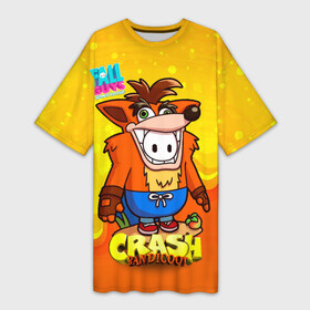 Платье-футболка 3D с принтом Fall Guys CRASH в Кировске,  |  | crash | fall guys | run | steam | ultimate knockout | бег | бегущие | бегущие человечки | королевская битва | краш | крэш | лис | лиса | лого | логотип | падающие человечки | падающий парень | человечки
