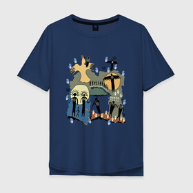 Мужская футболка хлопок Oversize с принтом Этнический стиль в Кировске, 100% хлопок | свободный крой, круглый ворот, “спинка” длиннее передней части | белый | ворон | золотой | иероглифы | индейцы | луна | люди | охота | ритуал | синий | солнце | этника