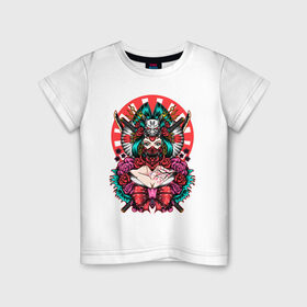Детская футболка хлопок с принтом Японская гейша воительница в Кировске, 100% хлопок | круглый вырез горловины, полуприлегающий силуэт, длина до линии бедер | Тематика изображения на принте: катана | цветы | череп | япония