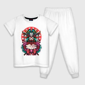 Детская пижама хлопок с принтом Японская гейша воительница в Кировске, 100% хлопок |  брюки и футболка прямого кроя, без карманов, на брюках мягкая резинка на поясе и по низу штанин
 | Тематика изображения на принте: катана | цветы | череп | япония