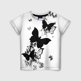 Детская футболка 3D с принтом Черные бабочки на белом в Кировске, 100% гипоаллергенный полиэфир | прямой крой, круглый вырез горловины, длина до линии бедер, чуть спущенное плечо, ткань немного тянется | Тематика изображения на принте: angel | black and white | butterfly | fairy | fashion girl | wings | ангел | бабочка | девушке | животные | крылья | летающие | магия | махаон | мотылек | мотыльки | насекомые | нежные | подарок | природа | сказочные | татуировки