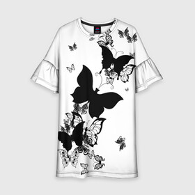 Детское платье 3D с принтом Черные бабочки на белом в Кировске, 100% полиэстер | прямой силуэт, чуть расширенный к низу. Круглая горловина, на рукавах — воланы | angel | black and white | butterfly | fairy | fashion girl | wings | ангел | бабочка | девушке | животные | крылья | летающие | магия | махаон | мотылек | мотыльки | насекомые | нежные | подарок | природа | сказочные | татуировки