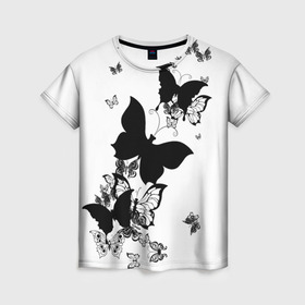 Женская футболка 3D с принтом Черные бабочки на белом в Кировске, 100% полиэфир ( синтетическое хлопкоподобное полотно) | прямой крой, круглый вырез горловины, длина до линии бедер | angel | black and white | butterfly | fairy | fashion girl | wings | ангел | бабочка | девушке | животные | крылья | летающие | магия | махаон | мотылек | мотыльки | насекомые | нежные | подарок | природа | сказочные | татуировки
