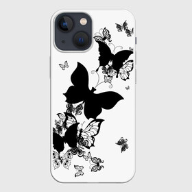 Чехол для iPhone 13 mini с принтом Черные бабочки на белом в Кировске,  |  | angel | black and white | butterfly | fairy | fashion girl | wings | ангел | бабочка | девушке | животные | крылья | летающие | магия | махаон | мотылек | мотыльки | насекомые | нежные | подарок | природа | сказочные | татуировки
