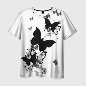 Мужская футболка 3D с принтом Черные бабочки на белом в Кировске, 100% полиэфир | прямой крой, круглый вырез горловины, длина до линии бедер | angel | black and white | butterfly | fairy | fashion girl | wings | ангел | бабочка | девушке | животные | крылья | летающие | магия | махаон | мотылек | мотыльки | насекомые | нежные | подарок | природа | сказочные | татуировки