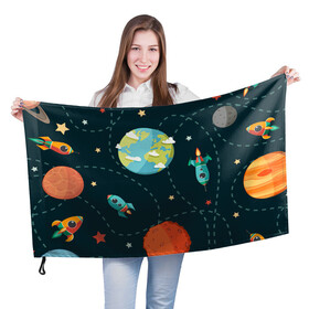 Флаг 3D с принтом Космический перелёт в Кировске, 100% полиэстер | плотность ткани — 95 г/м2, размер — 67 х 109 см. Принт наносится с одной стороны | арт | звезда | звёзды | земля | космос | марс | перелёт | планета | планеты | полёт | ракета | ракеты | рисунок | сатурн | юпитер