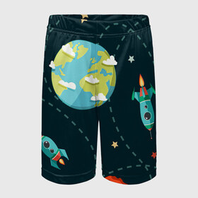 Детские спортивные шорты 3D с принтом Космический перелёт в Кировске,  100% полиэстер
 | пояс оформлен широкой мягкой резинкой, ткань тянется
 | арт | звезда | звёзды | земля | космос | марс | перелёт | планета | планеты | полёт | ракета | ракеты | рисунок | сатурн | юпитер
