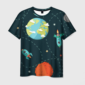 Мужская футболка 3D с принтом Космический перелёт в Кировске, 100% полиэфир | прямой крой, круглый вырез горловины, длина до линии бедер | Тематика изображения на принте: арт | звезда | звёзды | земля | космос | марс | перелёт | планета | планеты | полёт | ракета | ракеты | рисунок | сатурн | юпитер