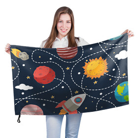 Флаг 3D с принтом Космический перелёт в Кировске, 100% полиэстер | плотность ткани — 95 г/м2, размер — 67 х 109 см. Принт наносится с одной стороны | арт | звезда | звёзды | земля | космос | марс | перелёт | планета | планеты | полёт | ракета | ракеты | рисунок | сатурн | солнце | юпитер