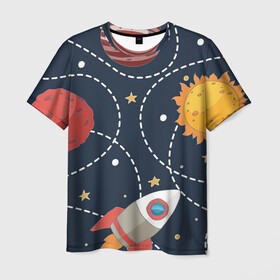 Мужская футболка 3D с принтом Космический перелёт в Кировске, 100% полиэфир | прямой крой, круглый вырез горловины, длина до линии бедер | Тематика изображения на принте: арт | звезда | звёзды | земля | космос | марс | перелёт | планета | планеты | полёт | ракета | ракеты | рисунок | сатурн | солнце | юпитер