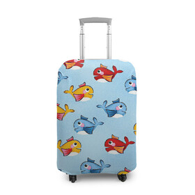 Чехол для чемодана 3D с принтом Киты в Кировске, 86% полиэфир, 14% спандекс | двустороннее нанесение принта, прорези для ручек и колес | арт | детский рисунок | жёлтый | кит | киты | красный | море | оранжевый | рисунок | синий | цветной кит | цветные киты | яркие цвета | яркий цвет