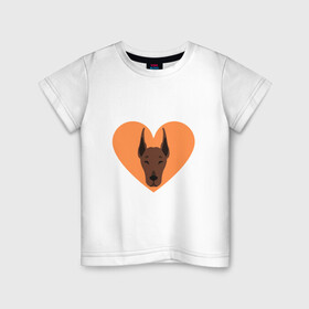 Детская футболка хлопок с принтом Сердечный Доберман в Кировске, 100% хлопок | круглый вырез горловины, полуприлегающий силуэт, длина до линии бедер | доберман | животное | клыки | коричневый | красный | лапы | любовь | оранжевый | пес | питомец | подарок | сердце | собака | улыбка | шерсть | щенок
