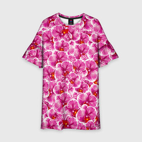 Детское платье 3D с принтом Розовые орхидеи в Кировске, 100% полиэстер | прямой силуэт, чуть расширенный к низу. Круглая горловина, на рукавах — воланы | Тематика изображения на принте: fashion flowers | pink | tropical | азия | бабочки | бразилия | букет | бутоны | джунгли | лепестки | лето | любимая | марта | нежные | орхидея | подарок | природа | растения | тропики | тропические | узор | цветение