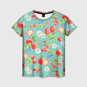 Женская футболка 3D с принтом Яркое лето в Кировске, 100% полиэфир ( синтетическое хлопкоподобное полотно) | прямой крой, круглый вырез горловины, длина до линии бедер | арт | бирюзовый | зелёный | клубника | рисунок | ромашка | ромашки | цвета | цветы | черника | яблоки | яблоко