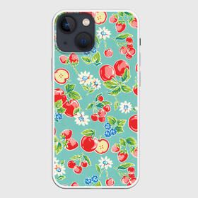 Чехол для iPhone 13 mini с принтом Яркое лето в Кировске,  |  | арт | бирюзовый | зелёный | клубника | рисунок | ромашка | ромашки | цвета | цветы | черника | яблоки | яблоко