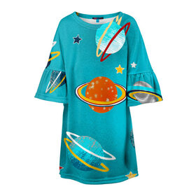 Детское платье 3D с принтом Необычные планеты в Кировске, 100% полиэстер | прямой силуэт, чуть расширенный к низу. Круглая горловина, на рукавах — воланы | арт | бирюзовый | венера | звезда | звёзды | земля | марс | планета | планеты | рисунок | рисунок карандашом | сатурн | синий
