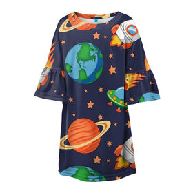 Детское платье 3D с принтом Космическое путешествие в Кировске, 100% полиэстер | прямой силуэт, чуть расширенный к низу. Круглая горловина, на рукавах — воланы | арт | астероид | астероиды | звезда | звёзды | земля | космос | планета | планеты | ракета | ракеты | рисунок | сатурн | фобас
