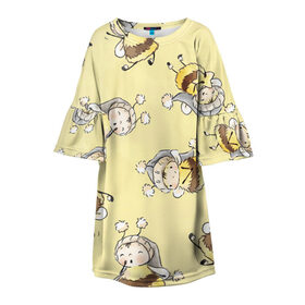 Детское платье 3D с принтом Сонные пчёлки в Кировске, 100% полиэстер | прямой силуэт, чуть расширенный к низу. Круглая горловина, на рукавах — воланы | арт | белый | детский рисунок | жёлтый | звезда | звёзды | ночь | отдых | пушистые | пушистый | пчелиная шуба | пчелиная шубка | рисунок | сон | спокойной ночи | чёрный | шуба | шубка