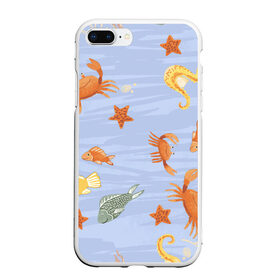 Чехол для iPhone 7Plus/8 Plus матовый с принтом Морские обитатели в Кировске, Силикон | Область печати: задняя сторона чехла, без боковых панелей | арт | жёлтый | звезда | звёзды | коралл | кораллы | краб | крабы | красный | медуза | медузы | море | морская звезда | морские звёзды | морские коньки | морской конёк | песок | рисунок | рыба | рыбы