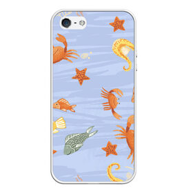 Чехол для iPhone 5/5S матовый с принтом Морские обитатели в Кировске, Силикон | Область печати: задняя сторона чехла, без боковых панелей | арт | жёлтый | звезда | звёзды | коралл | кораллы | краб | крабы | красный | медуза | медузы | море | морская звезда | морские звёзды | морские коньки | морской конёк | песок | рисунок | рыба | рыбы