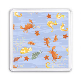 Магнит 55*55 с принтом Морские обитатели в Кировске, Пластик | Размер: 65*65 мм; Размер печати: 55*55 мм | арт | жёлтый | звезда | звёзды | коралл | кораллы | краб | крабы | красный | медуза | медузы | море | морская звезда | морские звёзды | морские коньки | морской конёк | песок | рисунок | рыба | рыбы