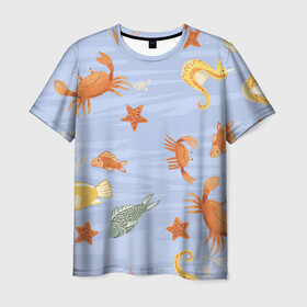 Мужская футболка 3D с принтом Морские обитатели в Кировске, 100% полиэфир | прямой крой, круглый вырез горловины, длина до линии бедер | арт | жёлтый | звезда | звёзды | коралл | кораллы | краб | крабы | красный | медуза | медузы | море | морская звезда | морские звёзды | морские коньки | морской конёк | песок | рисунок | рыба | рыбы
