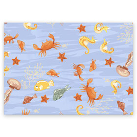 Поздравительная открытка с принтом Морские обитатели в Кировске, 100% бумага | плотность бумаги 280 г/м2, матовая, на обратной стороне линовка и место для марки
 | арт | жёлтый | звезда | звёзды | коралл | кораллы | краб | крабы | красный | медуза | медузы | море | морская звезда | морские звёзды | морские коньки | морской конёк | песок | рисунок | рыба | рыбы
