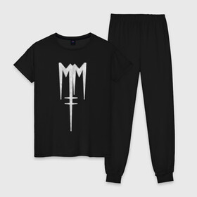 Женская пижама хлопок с принтом Marilyn Manson (лого из меха) в Кировске, 100% хлопок | брюки и футболка прямого кроя, без карманов, на брюках мягкая резинка на поясе и по низу штанин | manson | marilyn | marilyn manson | лого | мех