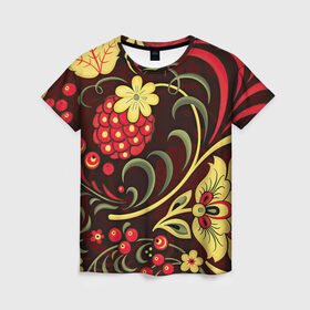 Женская футболка 3D с принтом Хохлома в Кировске, 100% полиэфир ( синтетическое хлопкоподобное полотно) | прямой крой, круглый вырез горловины, длина до линии бедер | арт | вектор | желтый | зеленый | золотой | красный | малина | народный рисунок | рисунок | хохлома | цветок | цветы | чёрный | ягода | ягоды