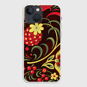 Чехол для iPhone 13 mini с принтом Хохлома в Кировске,  |  | арт | вектор | желтый | зеленый | золотой | красный | малина | народный рисунок | рисунок | хохлома | цветок | цветы | чёрный | ягода | ягоды