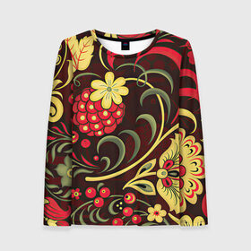 Женский лонгслив 3D с принтом Хохлома в Кировске, 100% полиэстер | длинные рукава, круглый вырез горловины, полуприлегающий силуэт | арт | вектор | желтый | зеленый | золотой | красный | малина | народный рисунок | рисунок | хохлома | цветок | цветы | чёрный | ягода | ягоды