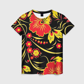 Женская футболка 3D с принтом Хохлома в Кировске, 100% полиэфир ( синтетическое хлопкоподобное полотно) | прямой крой, круглый вырез горловины, длина до линии бедер | арт | вектор | желтый | золотой | красный | народный рисунок | рисунок | хохлома | цветок | цветы | чёрный