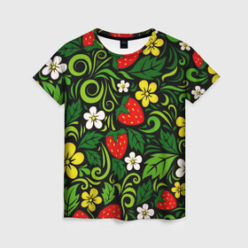 Женская футболка 3D с принтом Хохлома в Кировске, 100% полиэфир ( синтетическое хлопкоподобное полотно) | прямой крой, круглый вырез горловины, длина до линии бедер | арт | вектор | желтый | зеленый | золотой | клубника | красный | народный рисунок | рисунок | хохлома | цветок | цветы | чёрный | ягода | ягоды