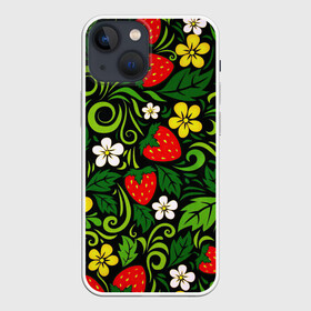 Чехол для iPhone 13 mini с принтом Хохлома в Кировске,  |  | арт | вектор | желтый | зеленый | золотой | клубника | красный | народный рисунок | рисунок | хохлома | цветок | цветы | чёрный | ягода | ягоды