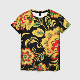 Женская футболка 3D с принтом Хохлома в Кировске, 100% полиэфир ( синтетическое хлопкоподобное полотно) | прямой крой, круглый вырез горловины, длина до линии бедер | арт | вектор | желтый | зеленый | золотой | красный | народный рисунок | рисунок | хохлома | цветок | цветы | чёрный