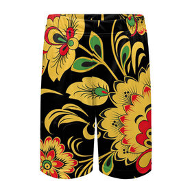 Детские спортивные шорты 3D с принтом Хохлома в Кировске,  100% полиэстер
 | пояс оформлен широкой мягкой резинкой, ткань тянется
 | арт | вектор | желтый | зеленый | золотой | красный | народный рисунок | рисунок | хохлома | цветок | цветы | чёрный